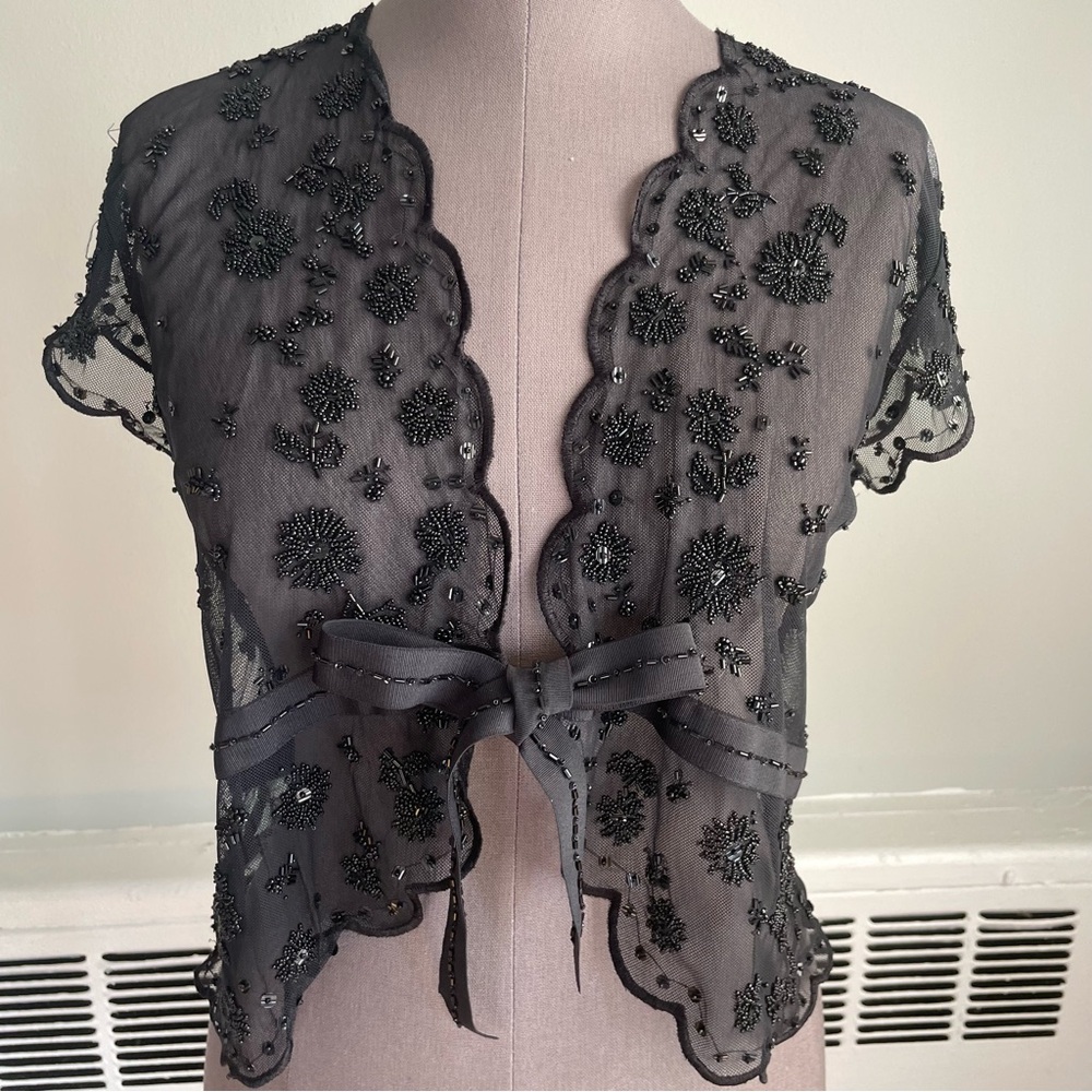 Dana Buchanan black short sleeve beaded mesh cardigan
